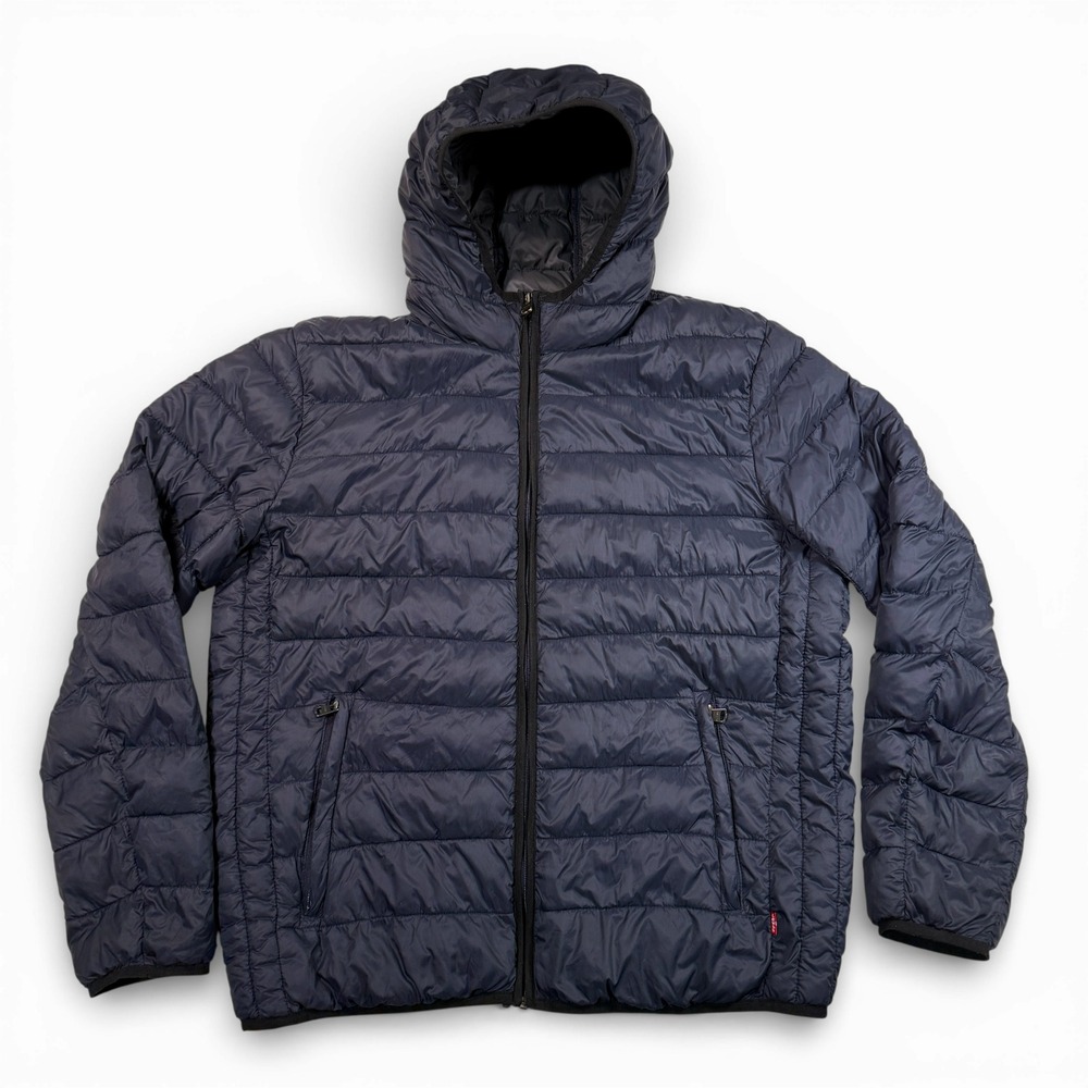 Levis Packable Puffer Jacket Mens XL Navy Blue Hooded Quilted Lightweight